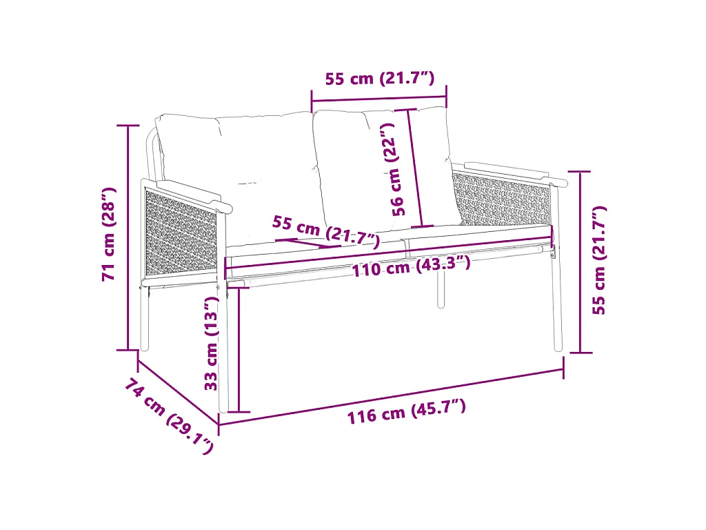 Banc de jardin avec coussins 116 cm noir acier