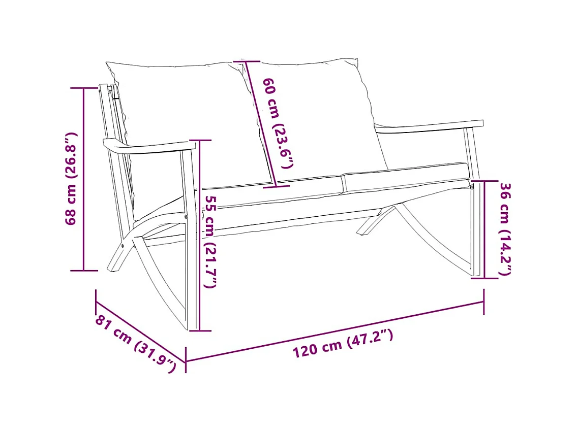 Banc de jardin avec coussins 120 cm noir acier