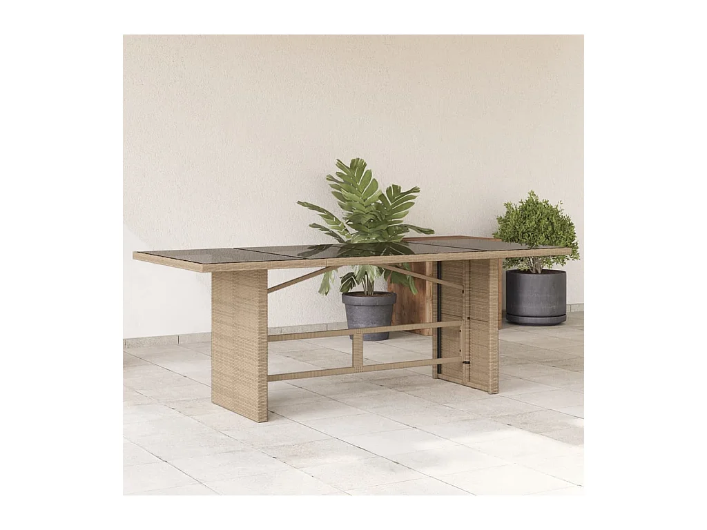 Tuintafel met glazen blad 190x80x75 cm poly rattan beige