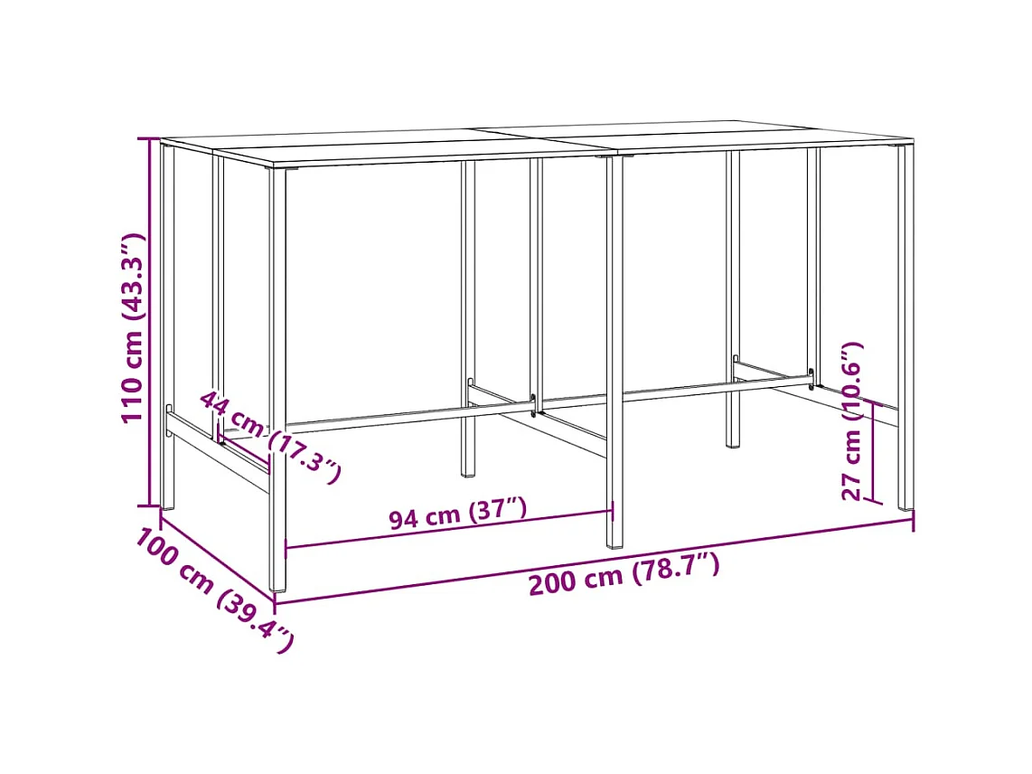 Table de bar noir 200x100x110 cm acier enduit de poudre