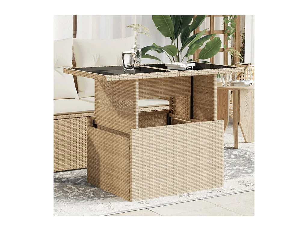 Tuintafel met glazen blad 100x55x73 cm poly rattan beige