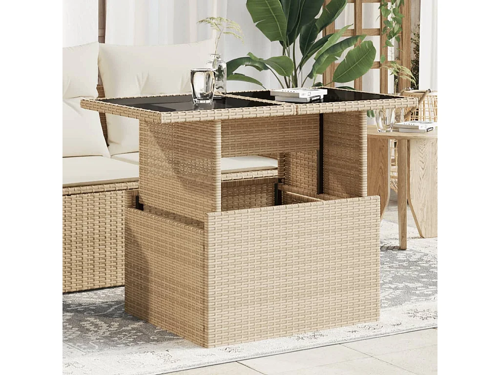 Table de jardin dessus en verre beige 100x55x73 cm poly rotin