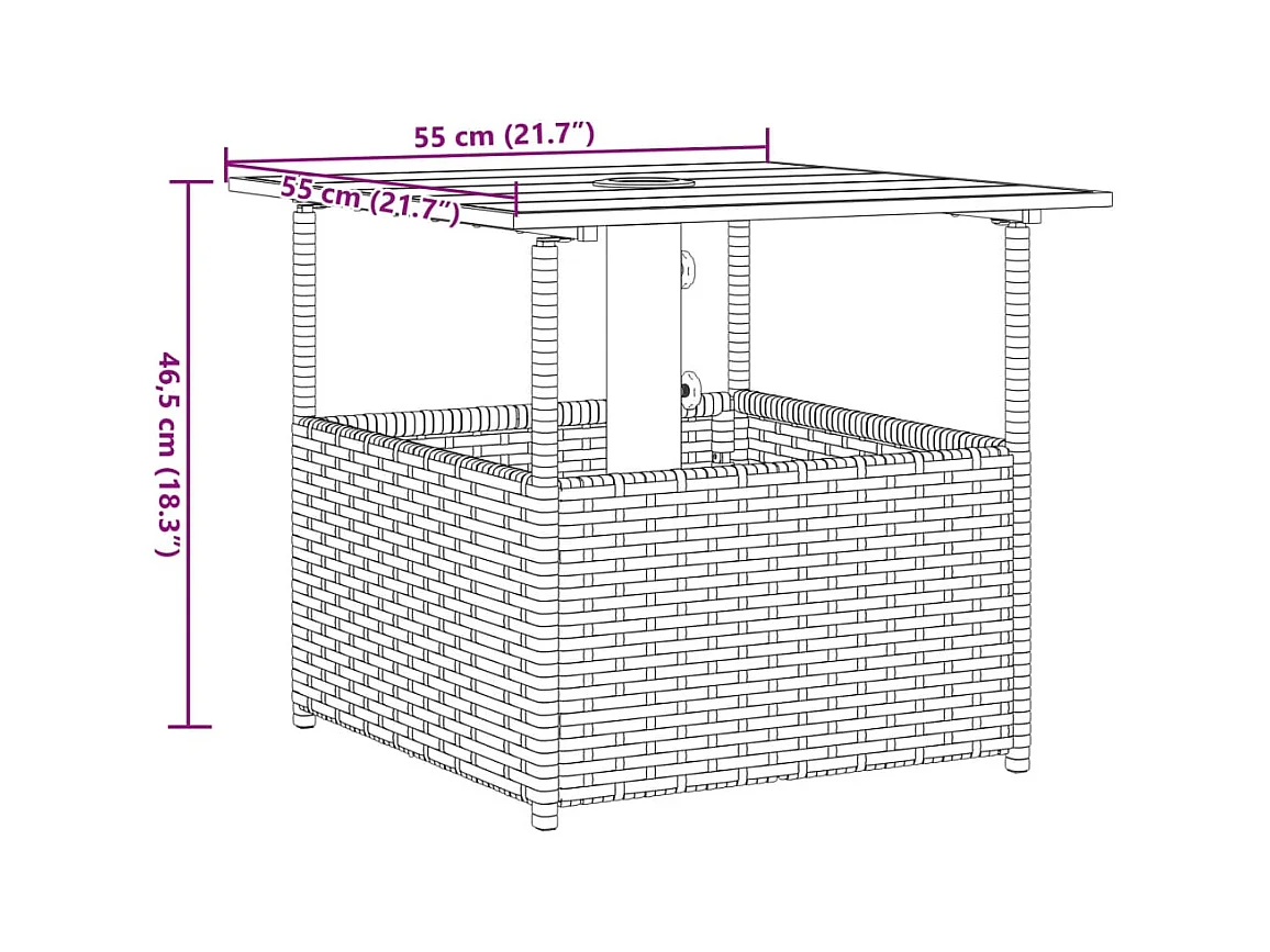 Table de jardin avec trou de parasol marron résine tressée