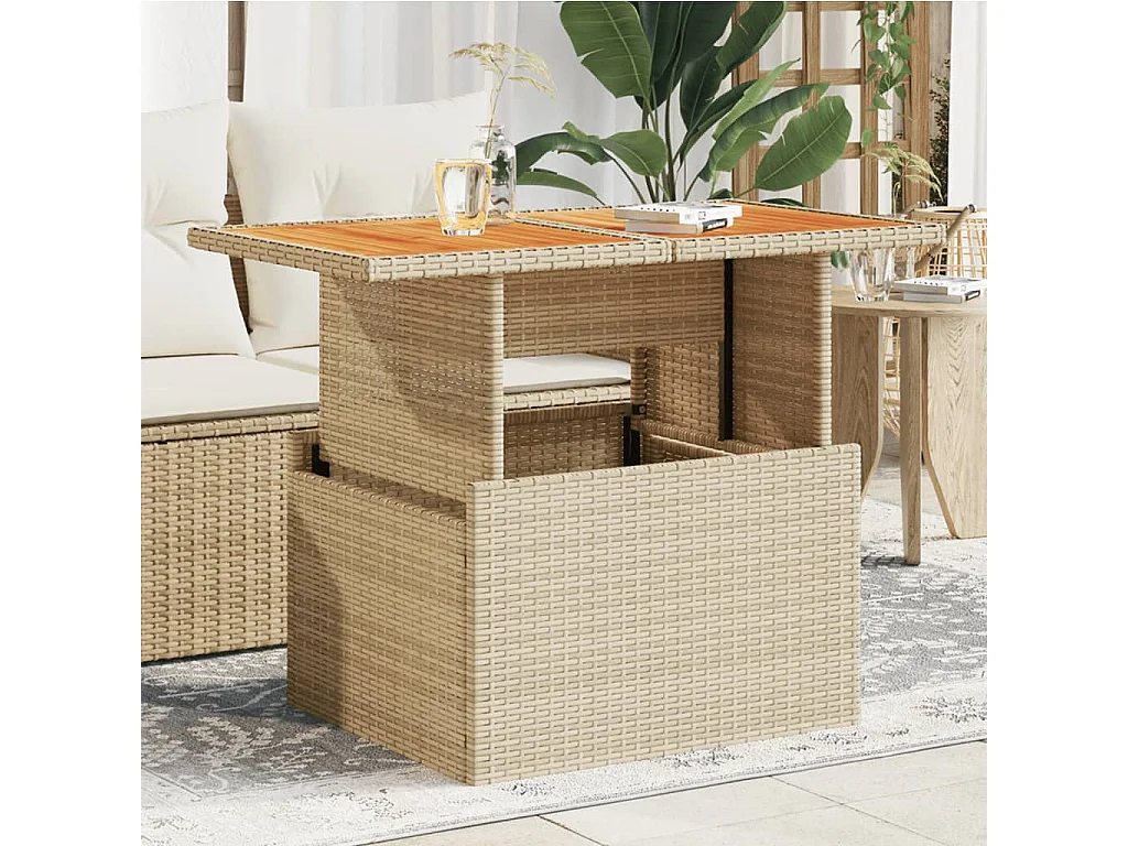 Table de jardin beige 100x55x73cm résine tressée et bois acacia