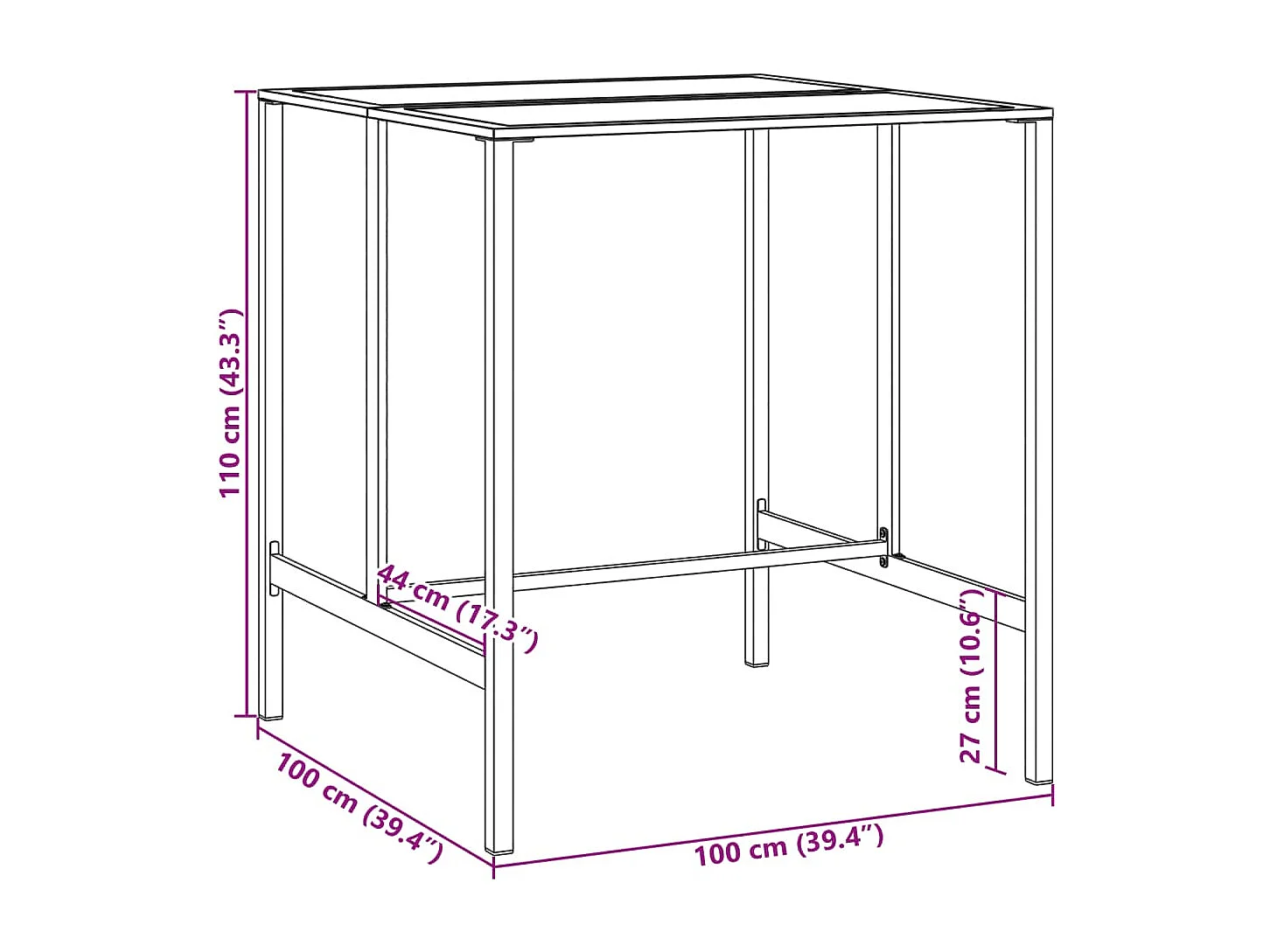 Table de bar noir 100x100x110 cm acier enduit de poudre