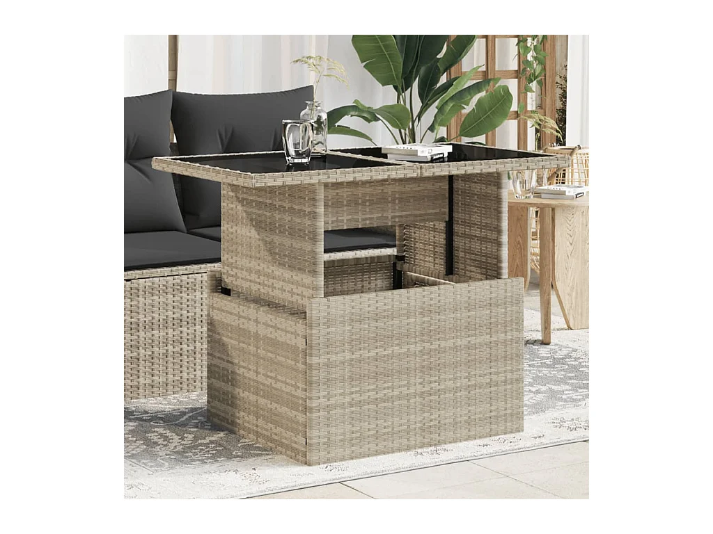 Tuintafel met glazen blad 100x55x73 cm poly rattan lichtgrijs