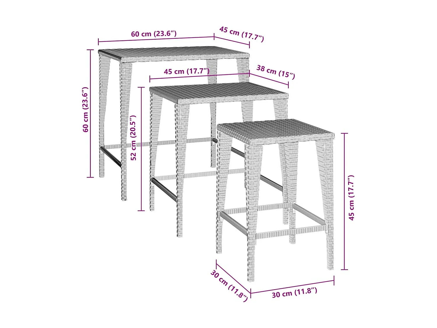 Tables gigognes de jardin 3 pcs marron résine tressée