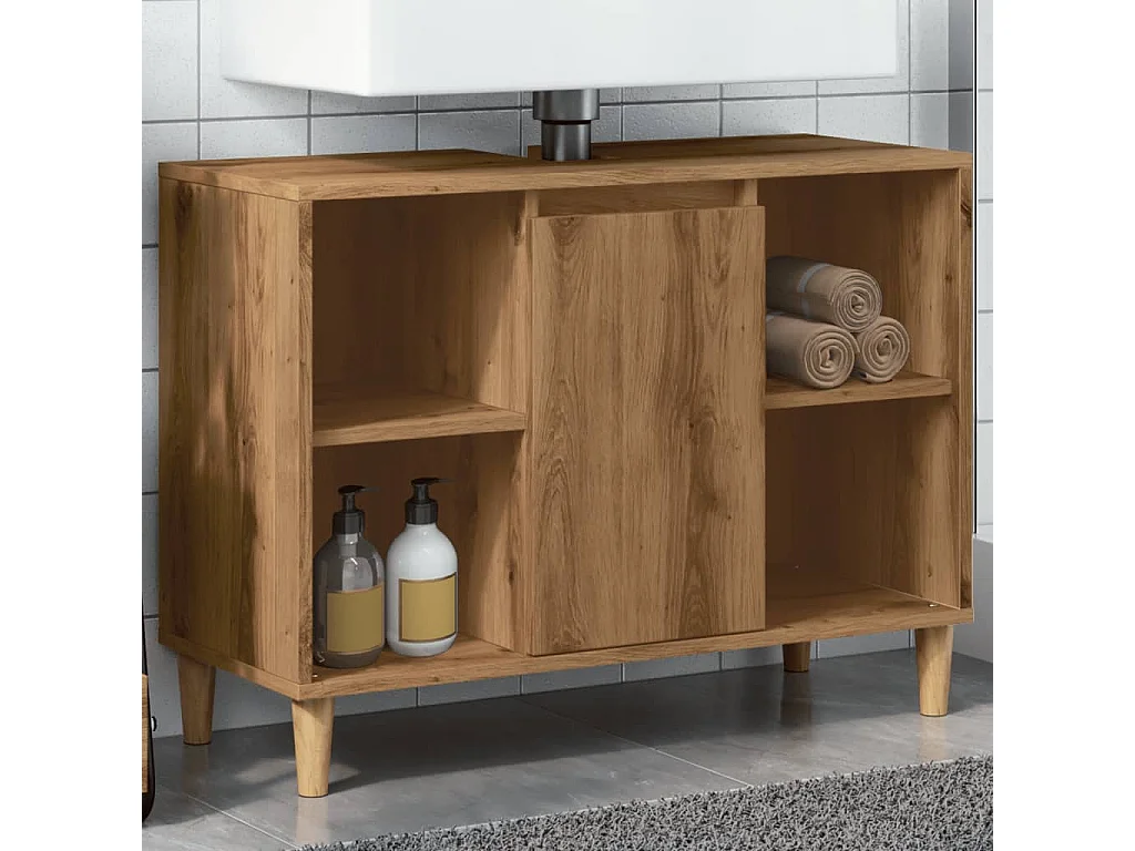 Badkamerkast 80x33x60 cm bewerkt hout artisanaal eikenkleur