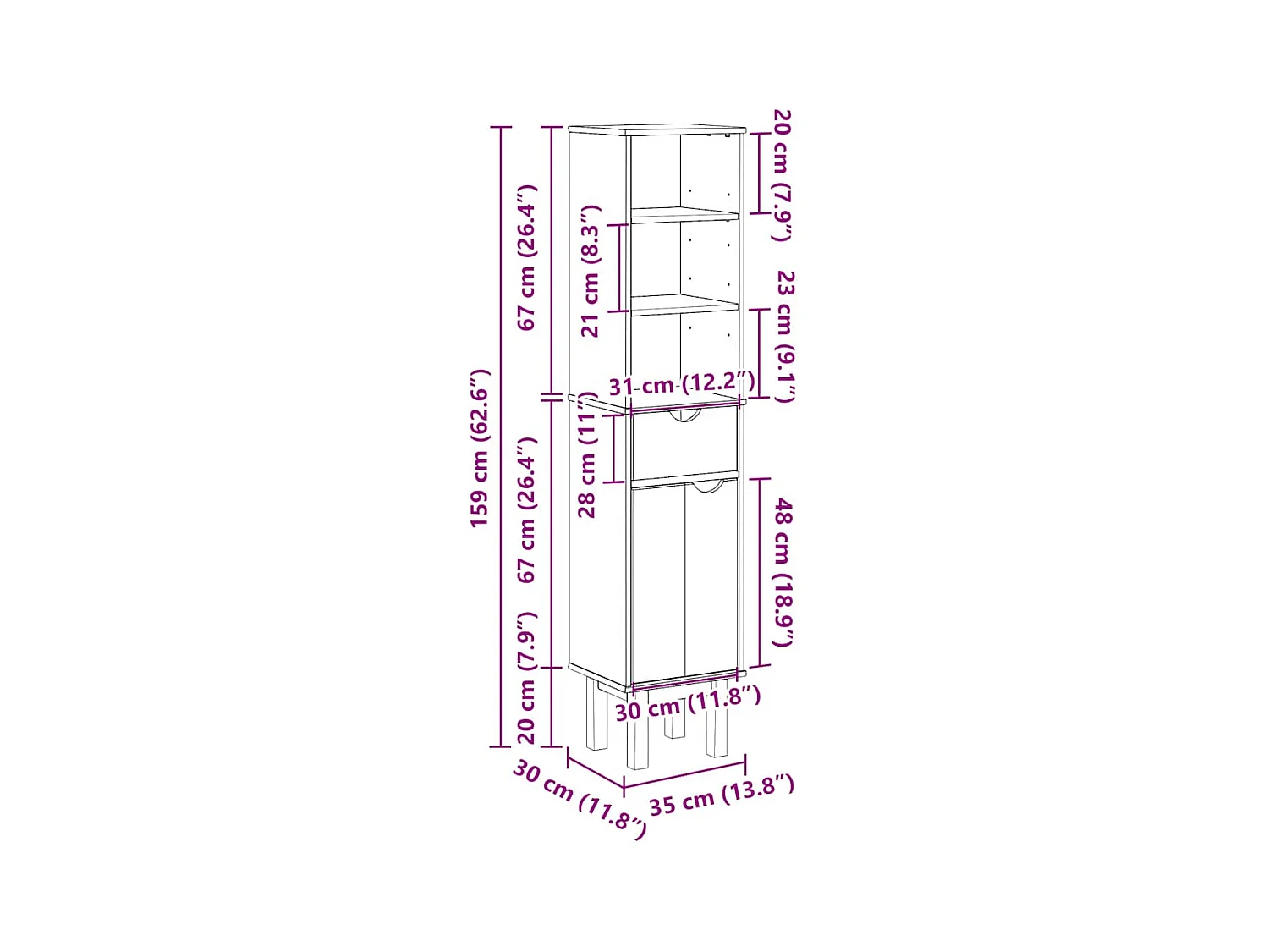 Armoire de salle de bain OTTA 35x30x159 cm bois massif de pin