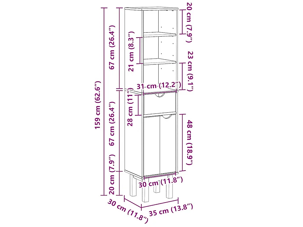 Armoire de salle de bain OTTA 35x30x159 cm bois massif de pin