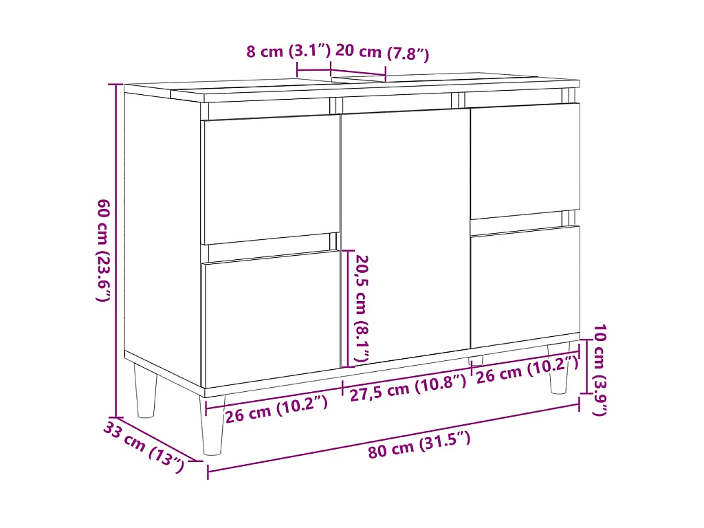Wastafelkast 80x33x60 cm bewerkt hout sonoma eikenkleurig