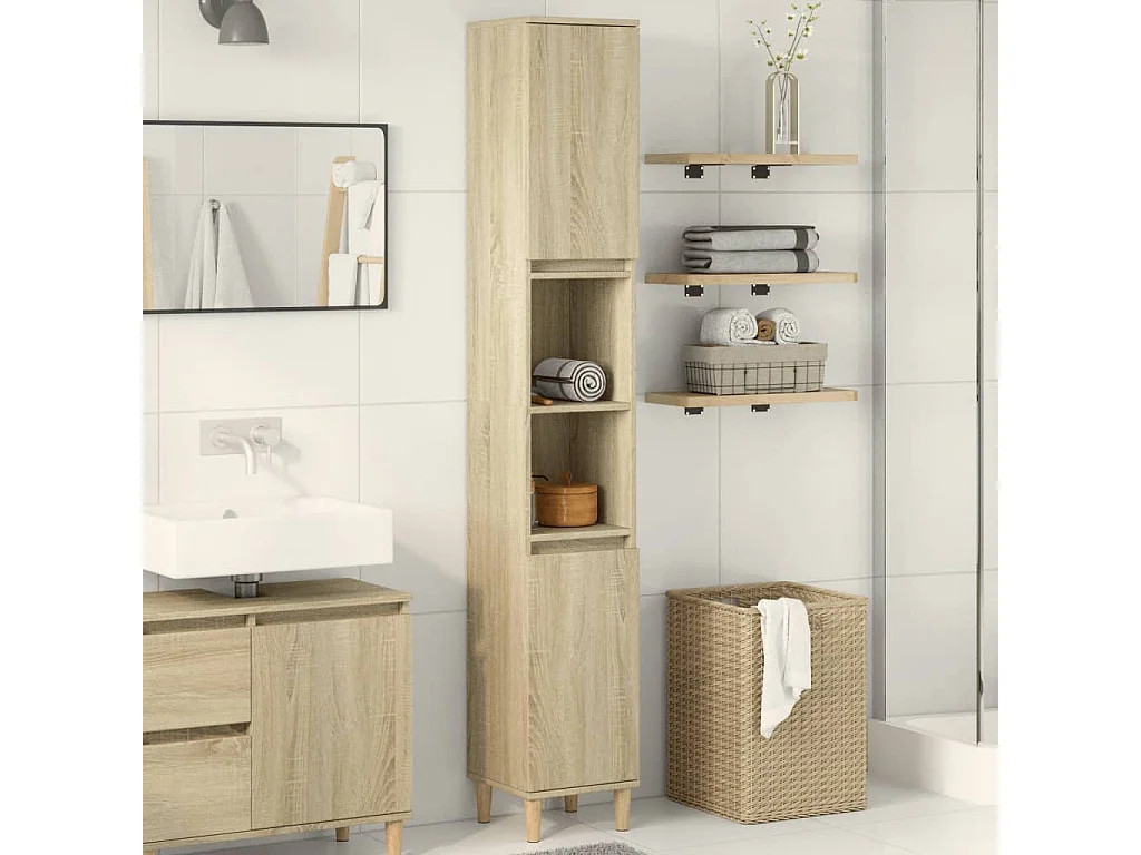 Badkamerkast 30x30x190 cm bewerkt hout sonoma eikenkleurig