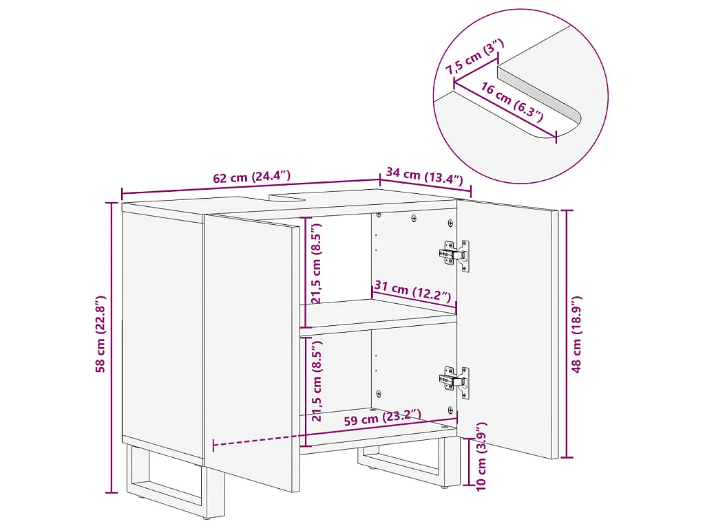 Armario de lavabo para baño madera maciza de mango 62x34x58 cm