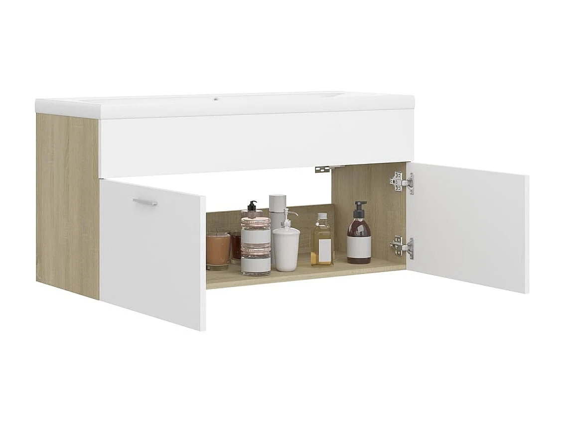 Waschbeckenunterschrank mit Einbaubecken Weiß und Sonoma-Eiche