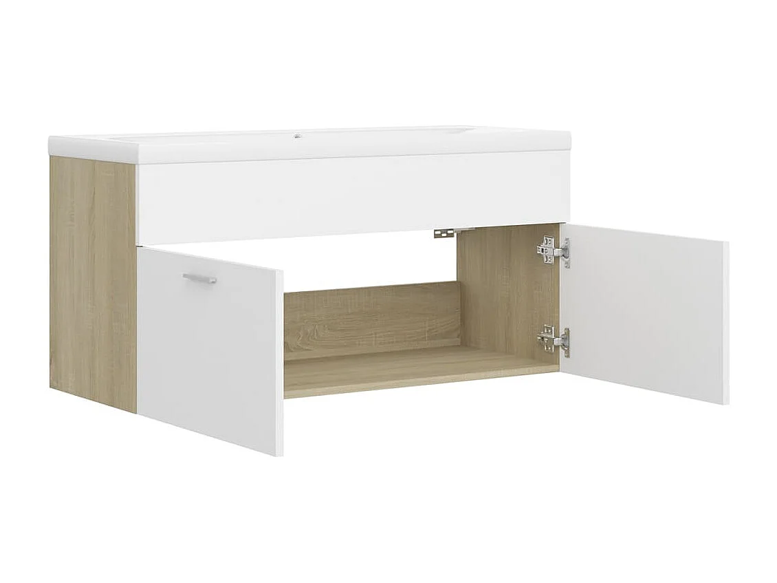 Waschbeckenunterschrank mit Einbaubecken Weiß und Sonoma-Eiche