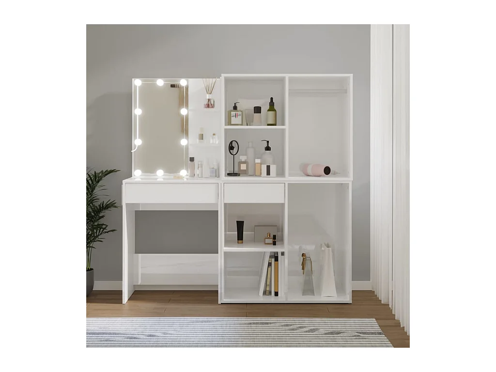 Toeletta LED con 2 Armadietti Legno Multistrato Bianco Lucido