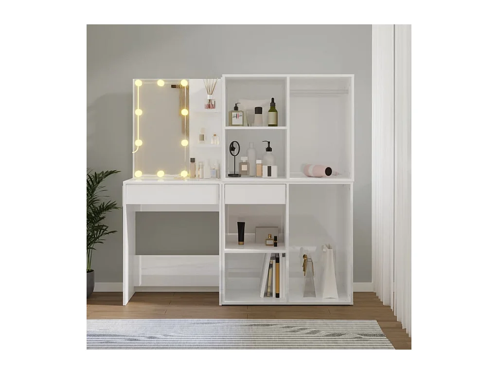 Toeletta LED con 2 Armadietti Legno Multistrato Bianco Lucido