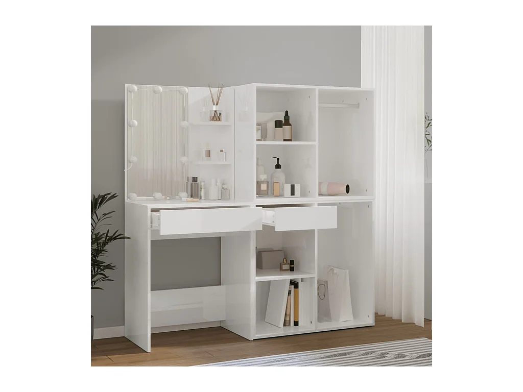 Toeletta LED con 2 Armadietti Legno Multistrato Bianco Lucido