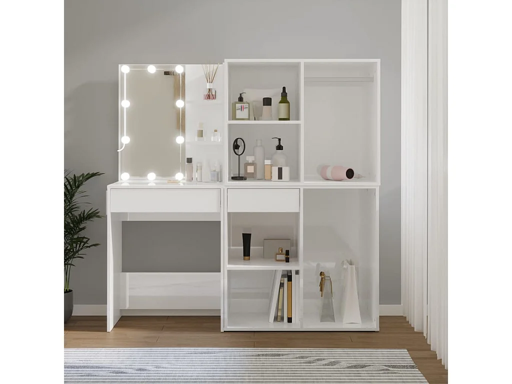 Toeletta LED con 2 Armadietti Legno Multistrato Bianco Lucido