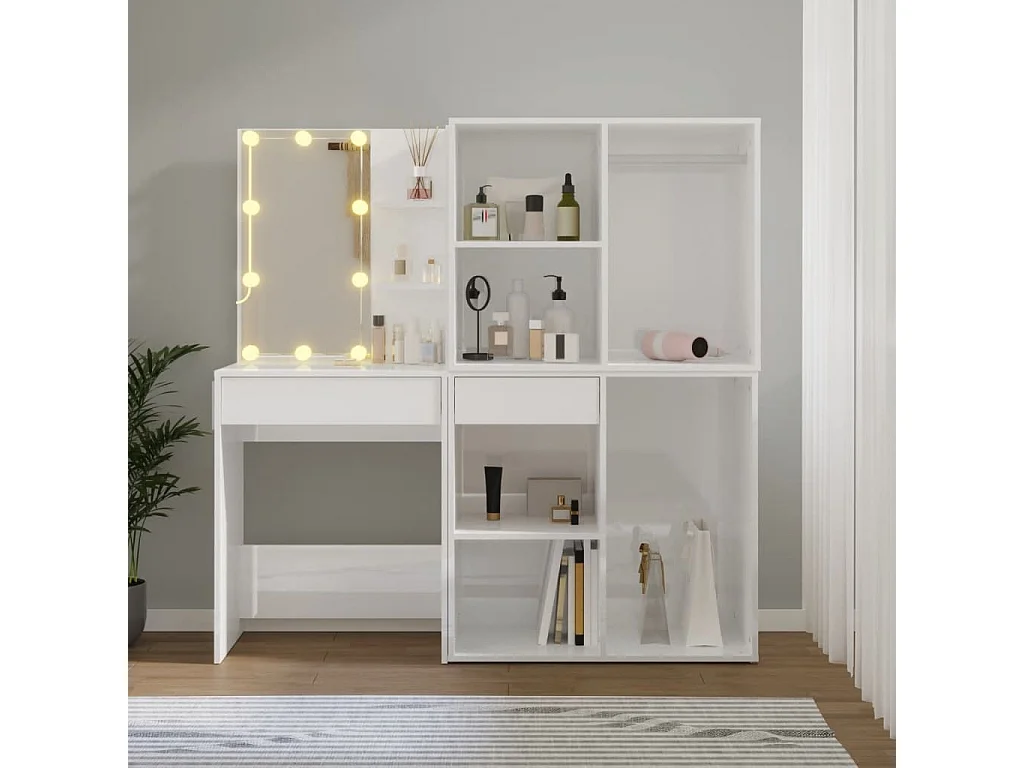 Toeletta LED con 2 Armadietti Legno Multistrato Bianco Lucido