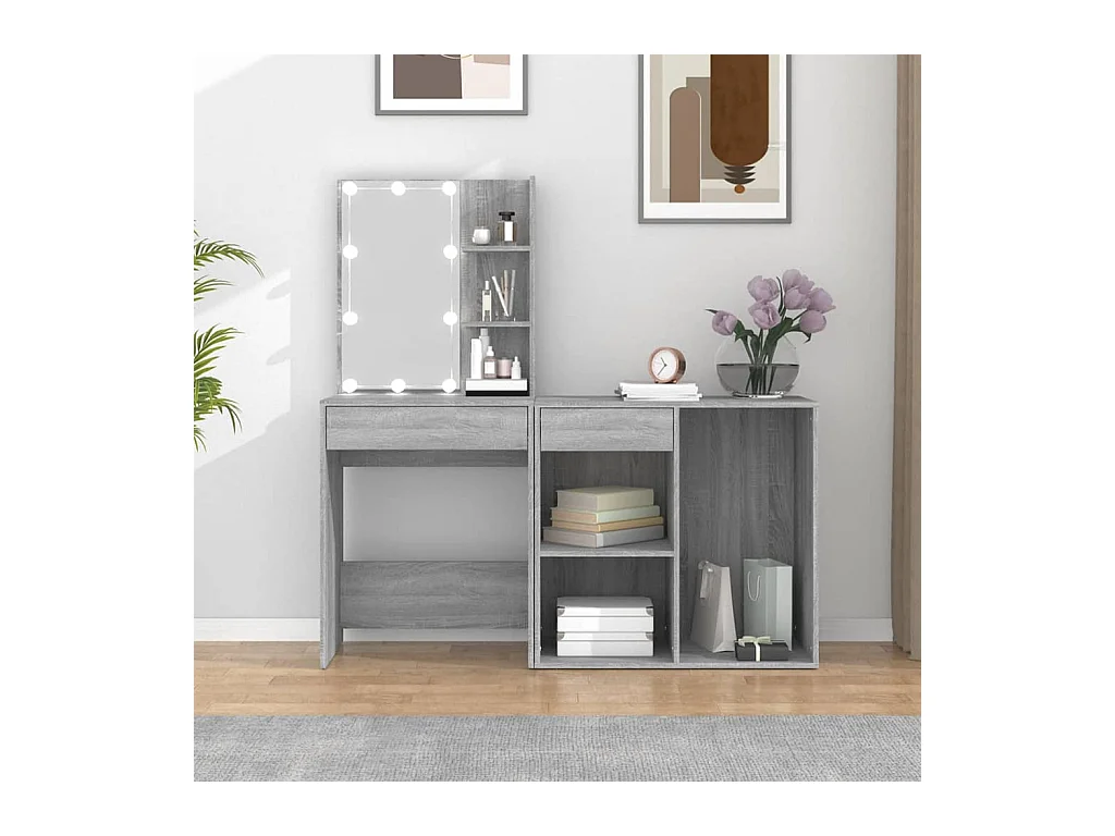 LED-Schminktisch mit Schrank Grau Sonoma Holzwerkstoff