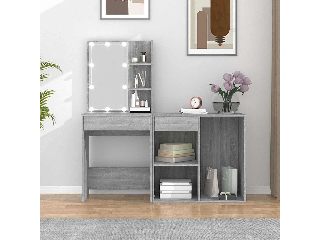 Kaptafel met kastjes LED bewerkt hout grijs sonoma eiken