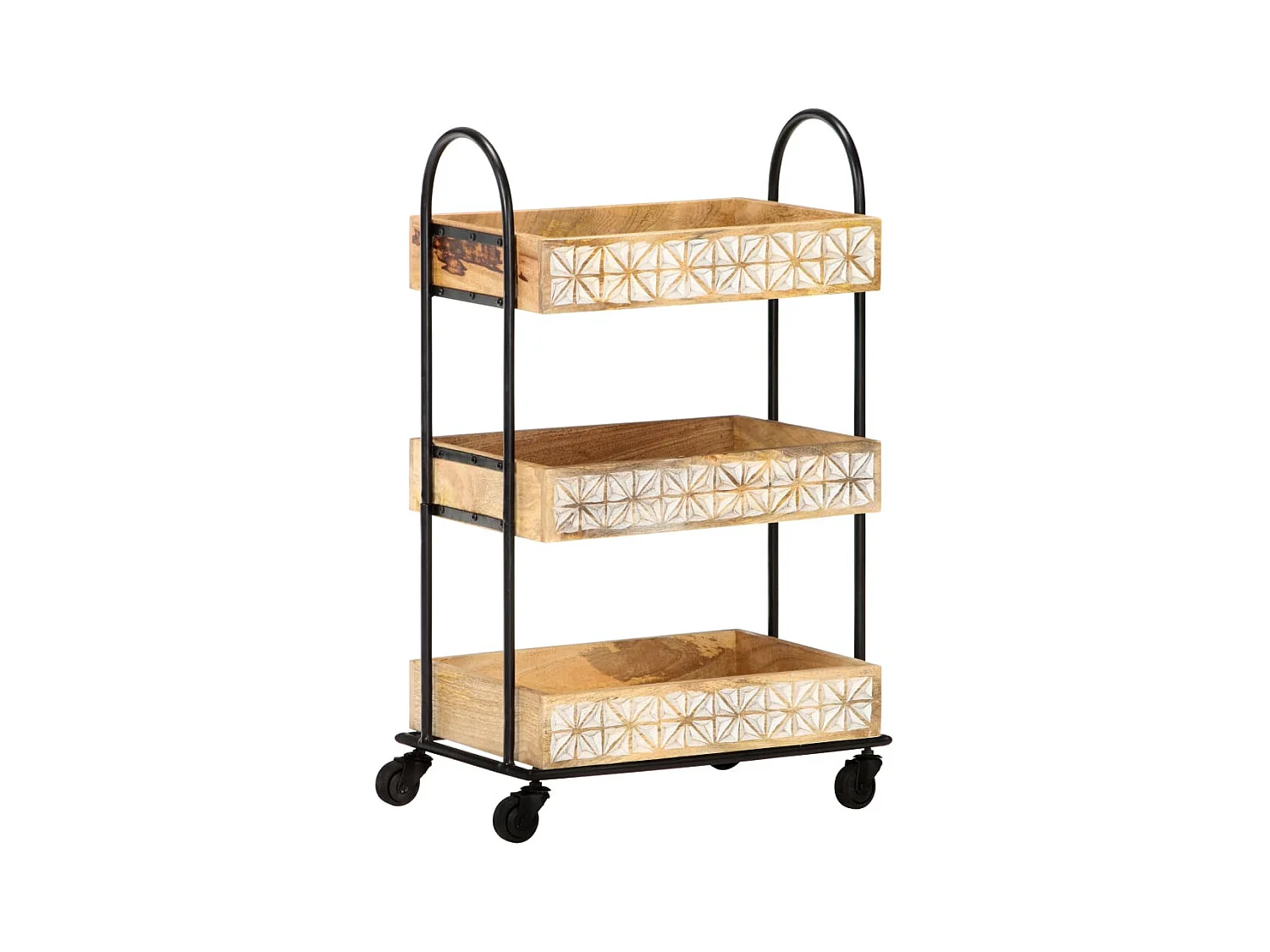 Carrello da Cucina a 3 Livelli 46x30x76 cm in Massello di Mango