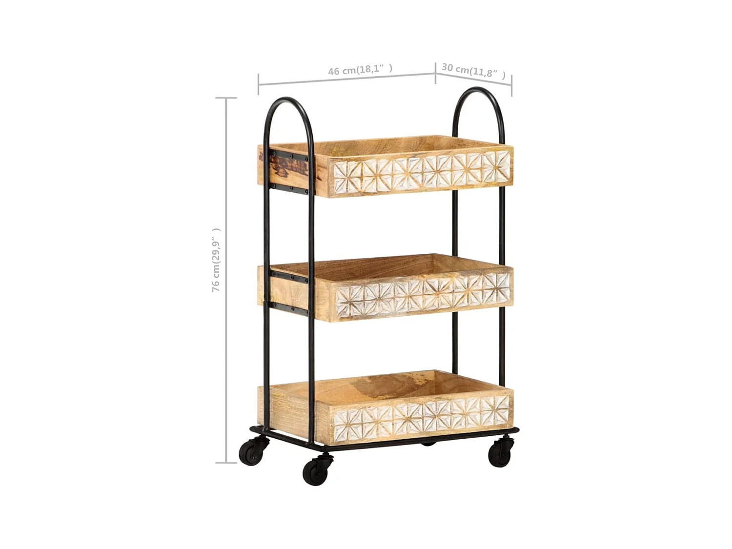 Carrello da Cucina a 3 Livelli 46x30x76 cm in Massello di Mango