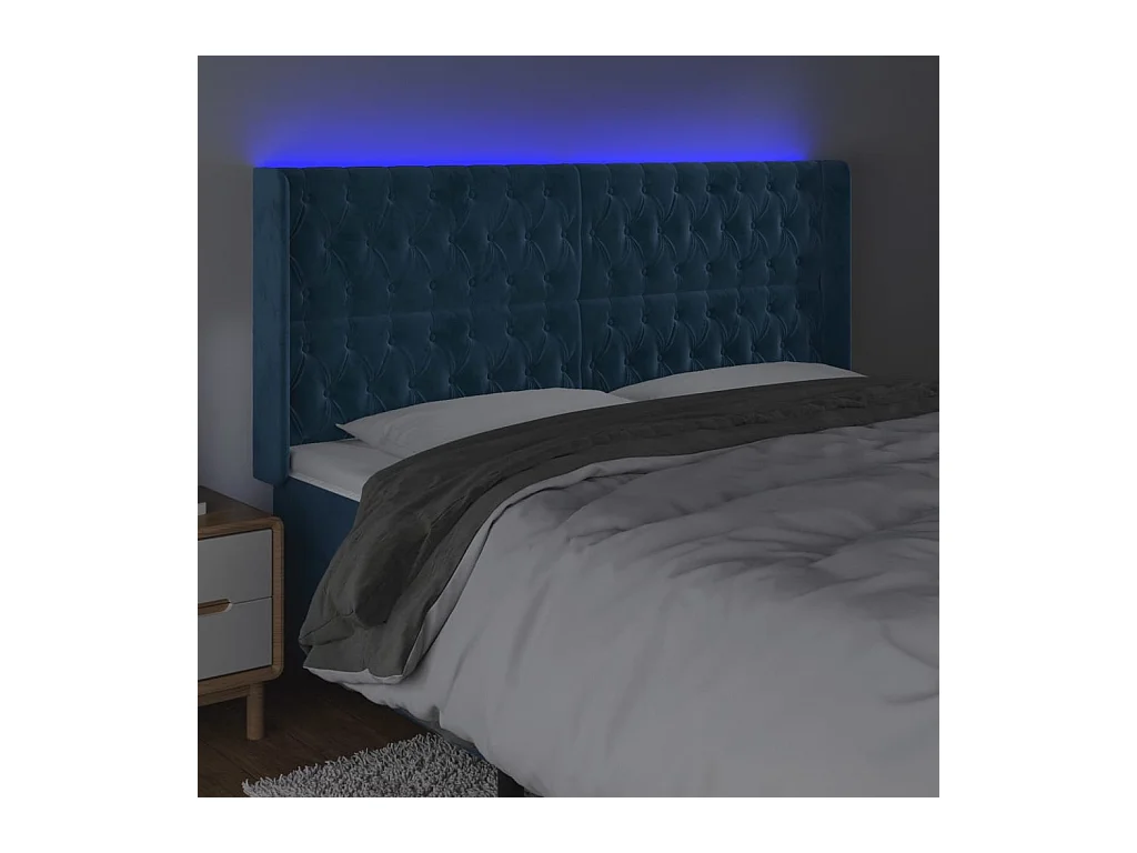 Cabeceira cama c/ luzes LED veludo 183x16x118/128cm azul-escuro