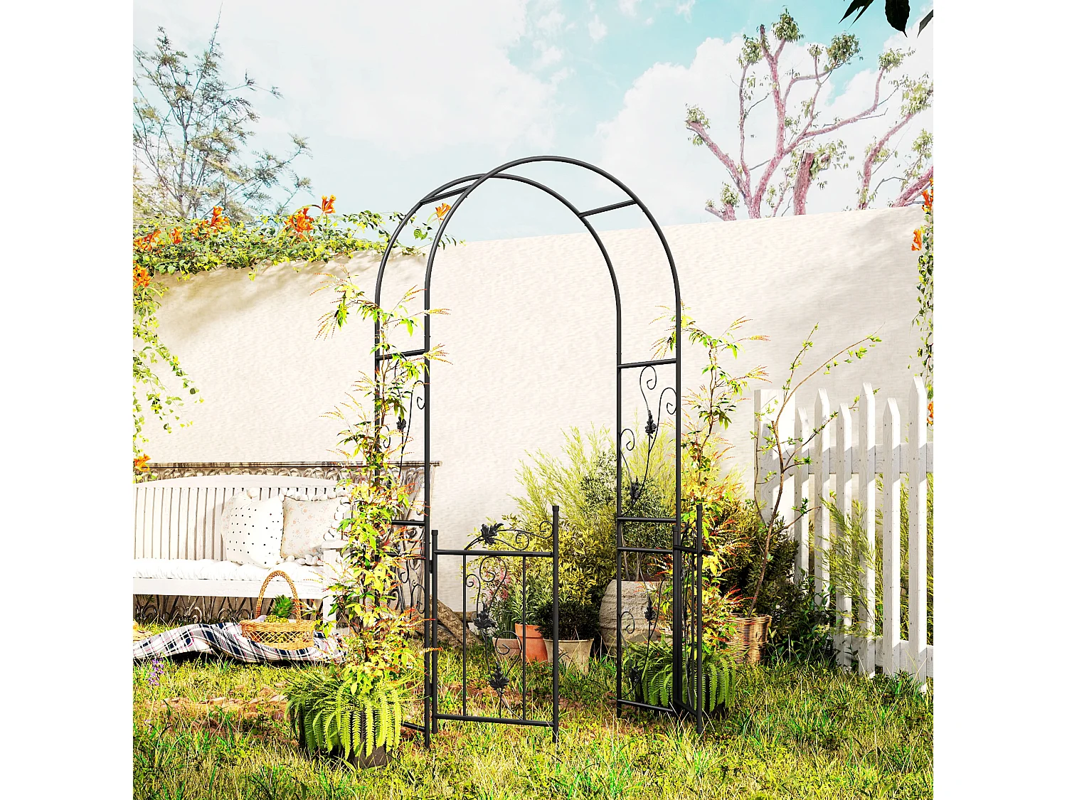 Arche de jardin avec portillon treillis style fer forgé feuilles vigne acier thermolaqué noir