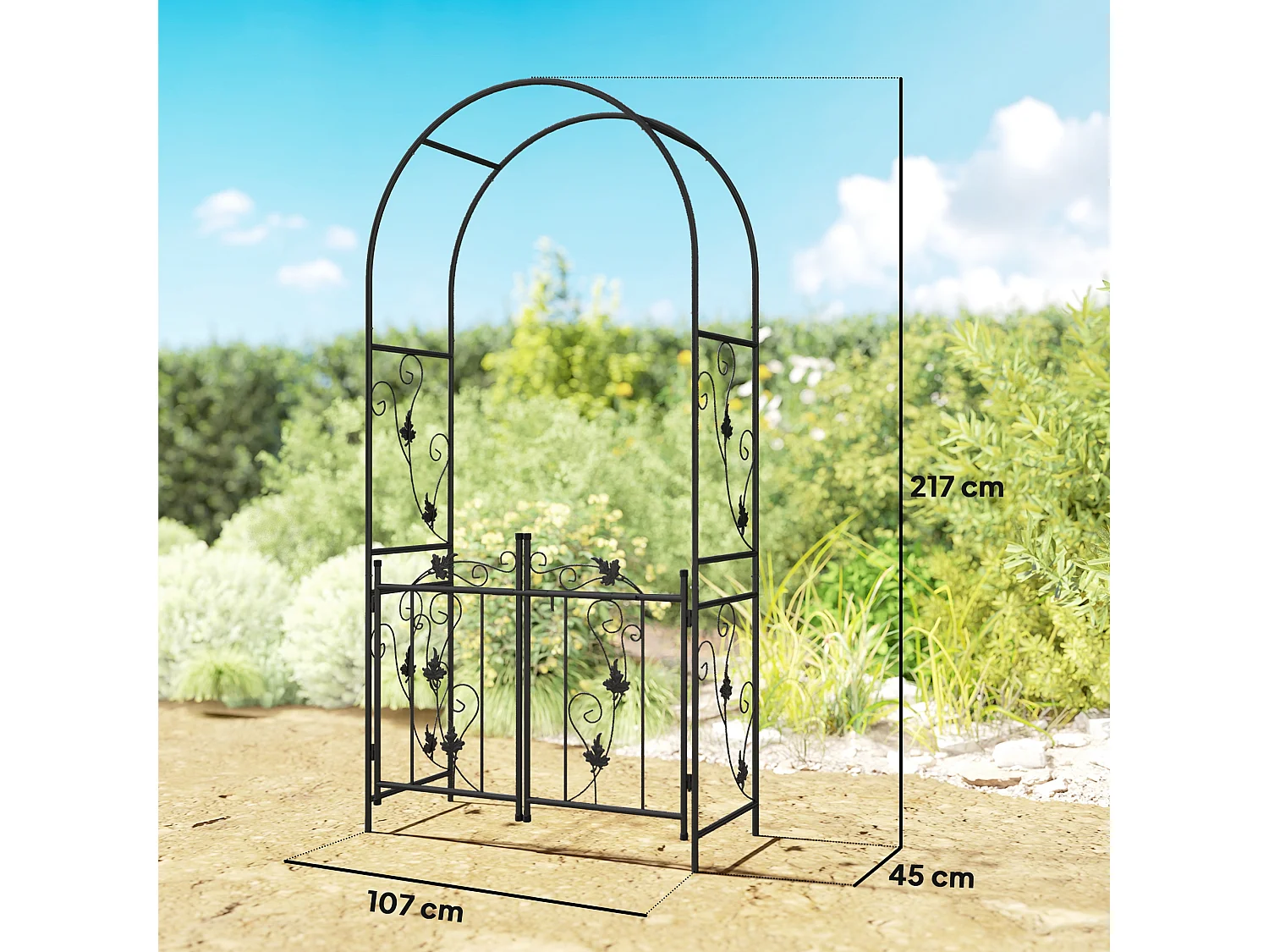 Arche de jardin avec portillon treillis style fer forgé feuilles vigne acier thermolaqué noir