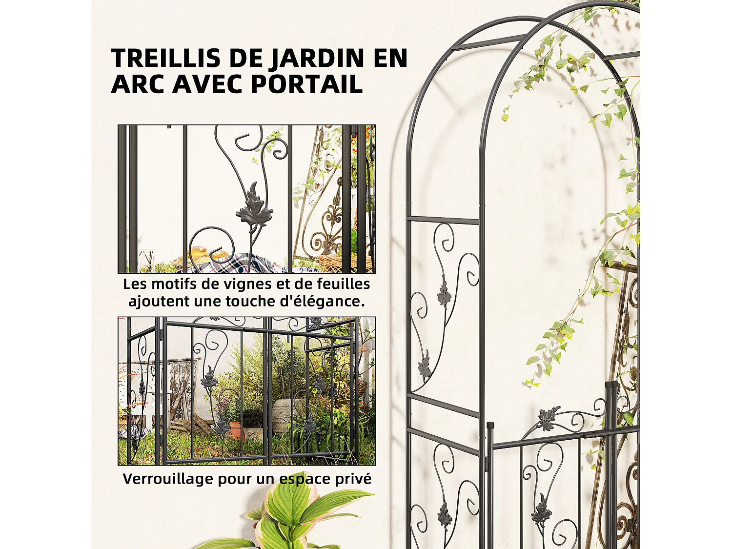 Arche de jardin avec portillon treillis style fer forgé feuilles vigne acier thermolaqué noir