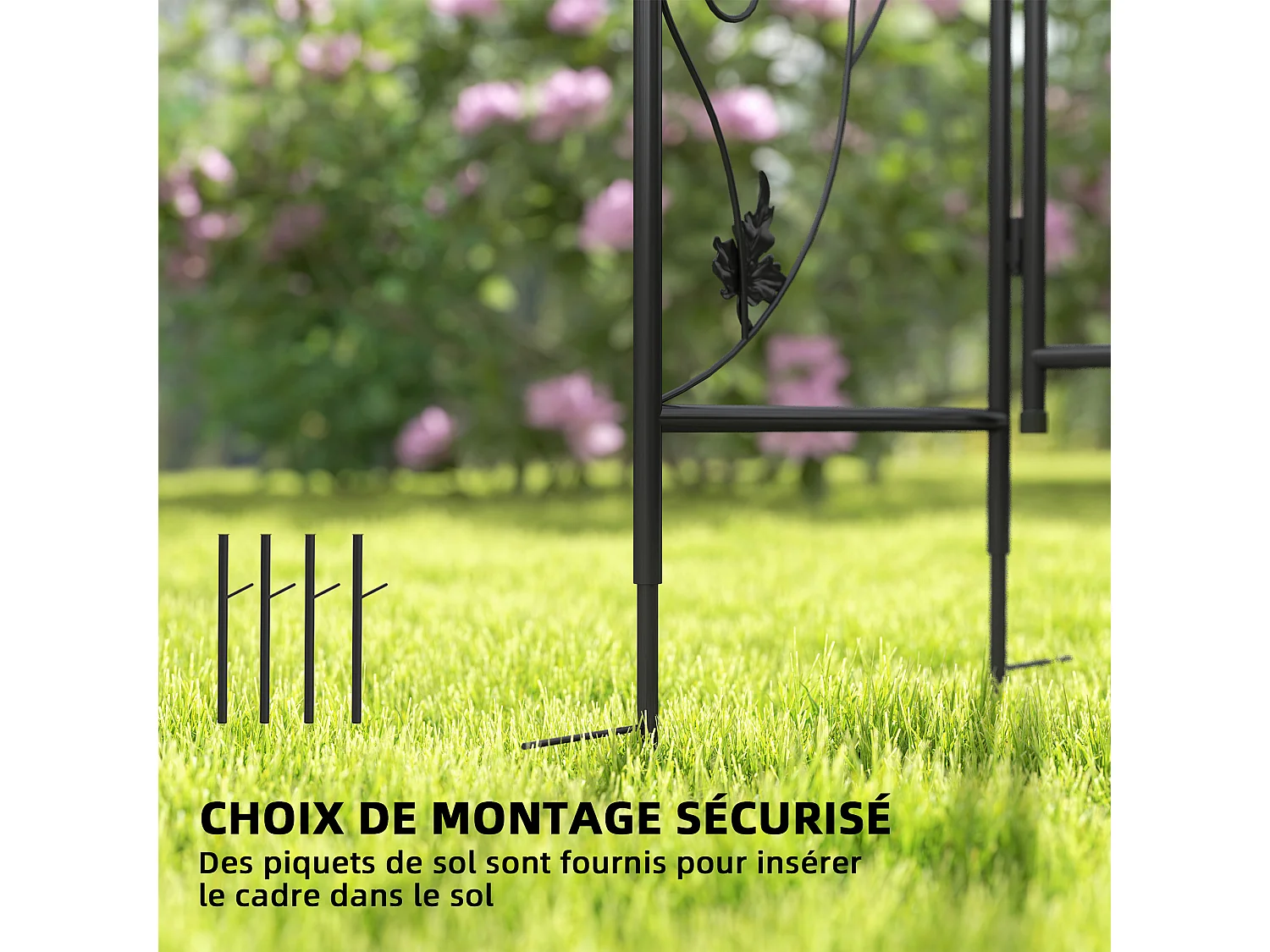 Arche de jardin avec portillon treillis style fer forgé feuilles vigne acier thermolaqué noir