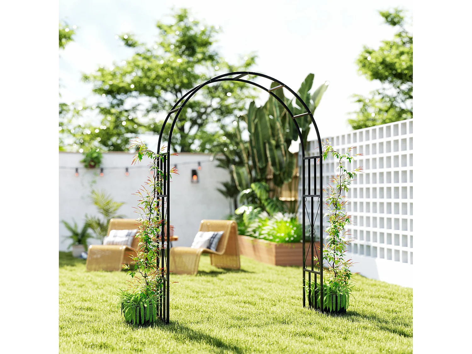 Arche de jardin arche à rosiers style fer forgé dim. 150L x 40l x 223H cm métal époxy noir