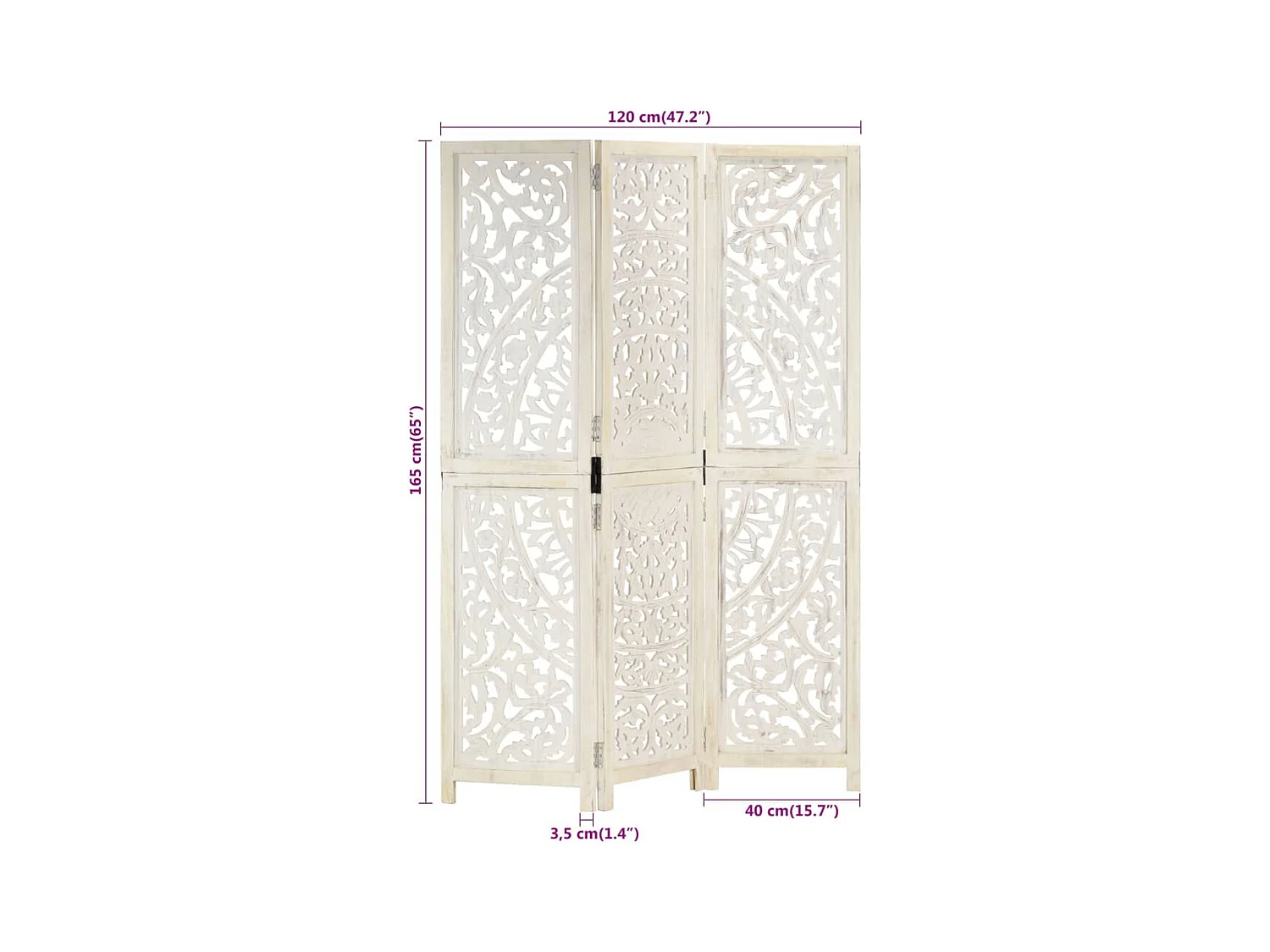 Kamerscherm met 3 panelen handgesneden 120x165 cm mangohout wit