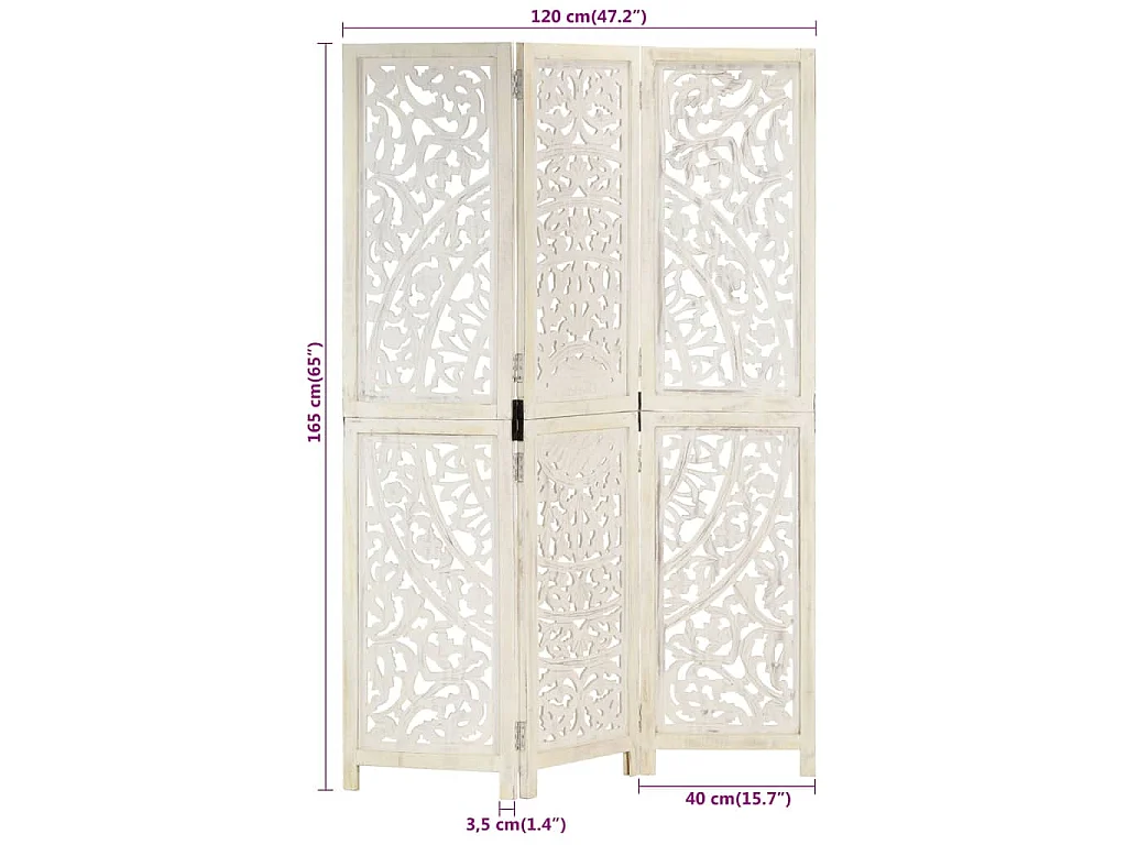 Divisorio 3 Pannelli Intagliato Bianco 120x165cm Mango Massello