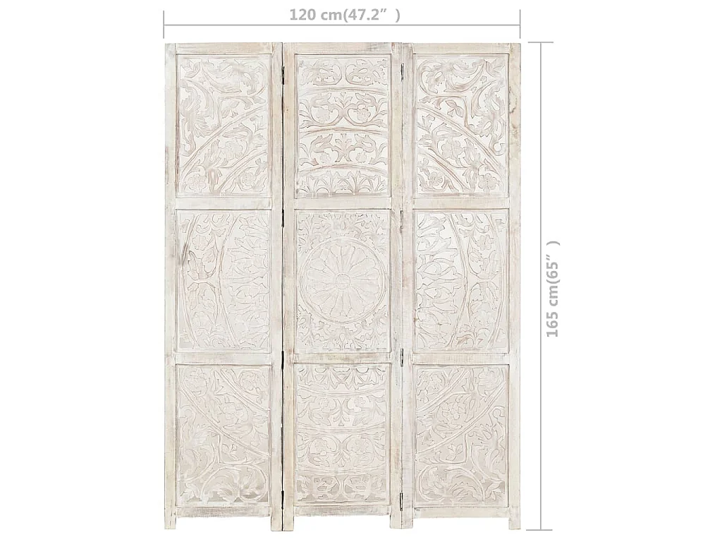 Divisorio 3 Pannelli Intagliato Bianco 120x165cm Mango Massello