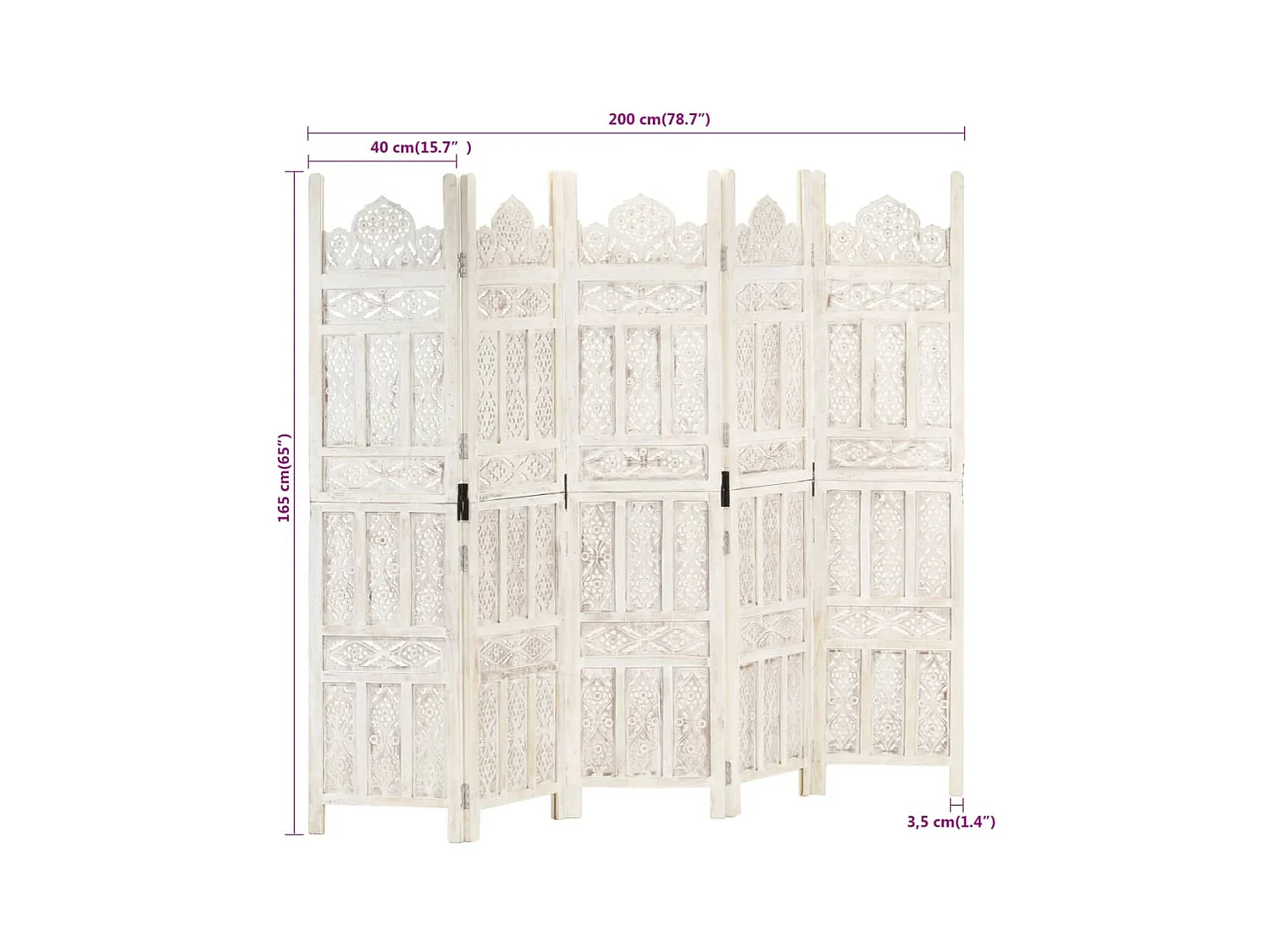 Cloison de séparation 5 panneaux Blanc 200x165 cm Bois manguier