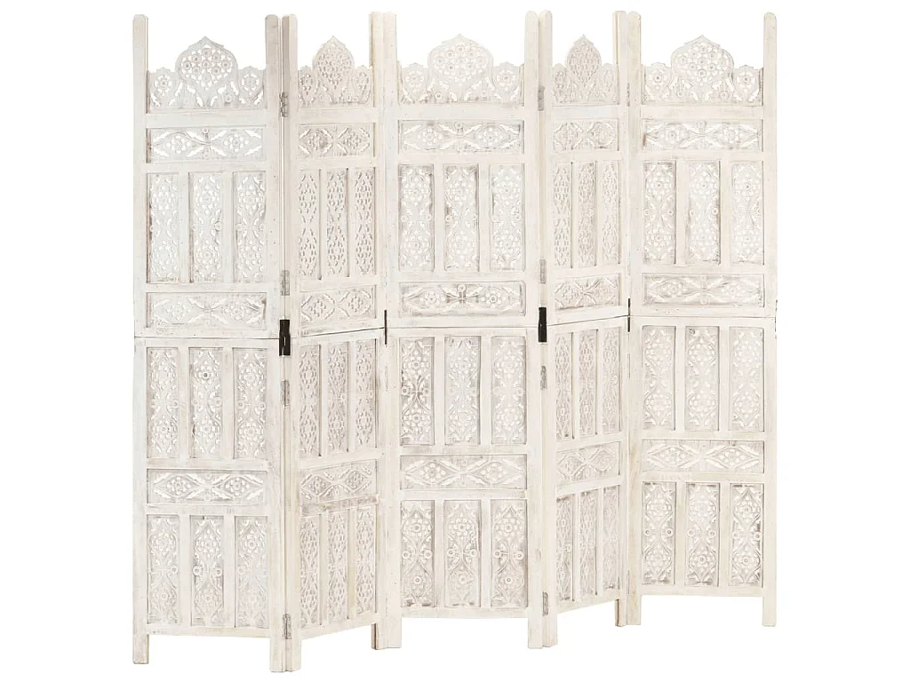 Divisorio 5 Pannelli Intagliato Bianco 200x165cm Mango Massello
