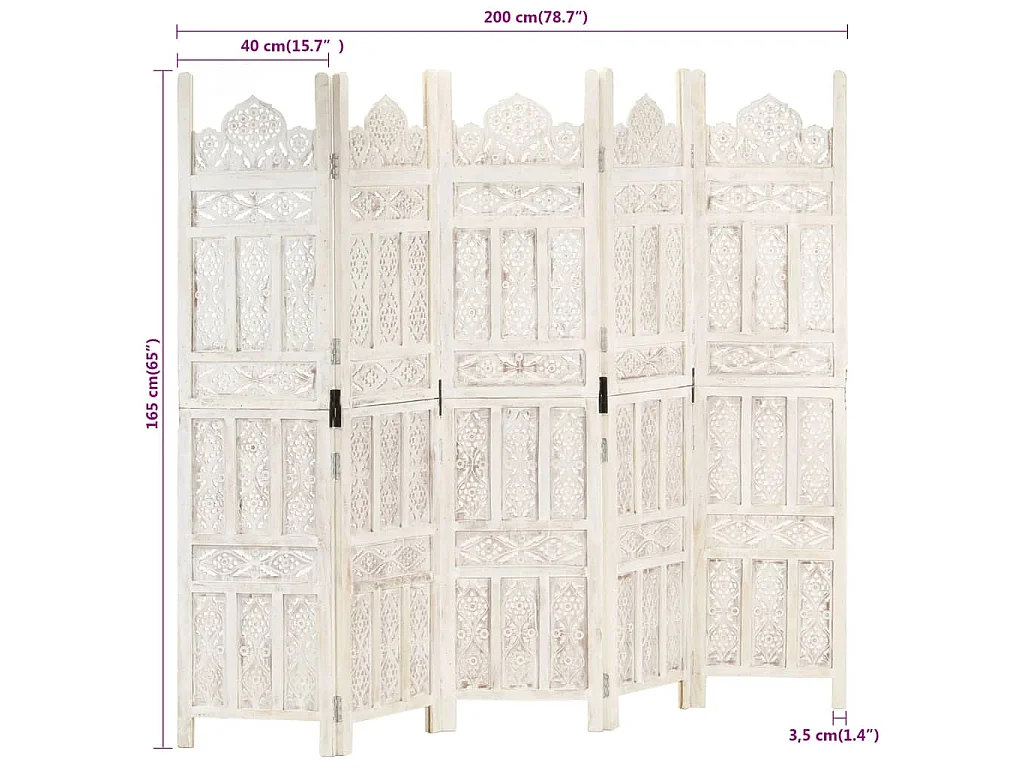 Divisorio 5 Pannelli Intagliato Bianco 200x165cm Mango Massello