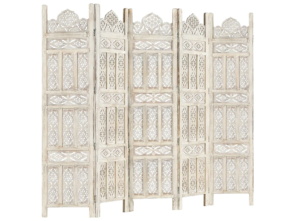 Divisorio 5 Pannelli Intagliato Bianco 200x165cm Mango Massello