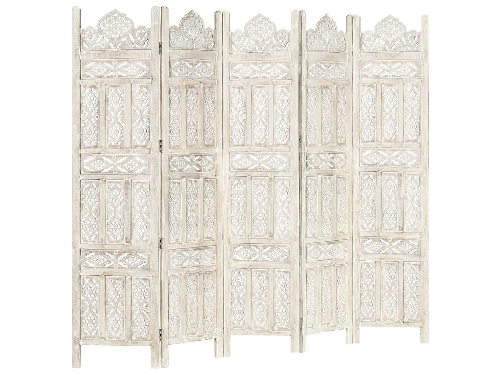 Divisorio 5 Pannelli Intagliato Bianco 200x165cm Mango Massello