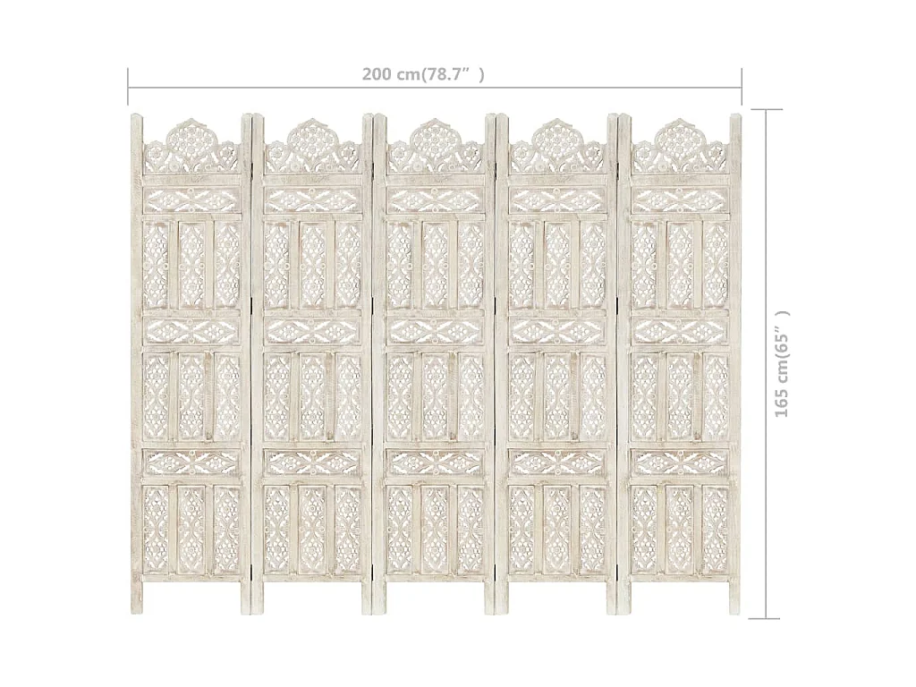 Divisorio 5 Pannelli Intagliato Bianco 200x165cm Mango Massello