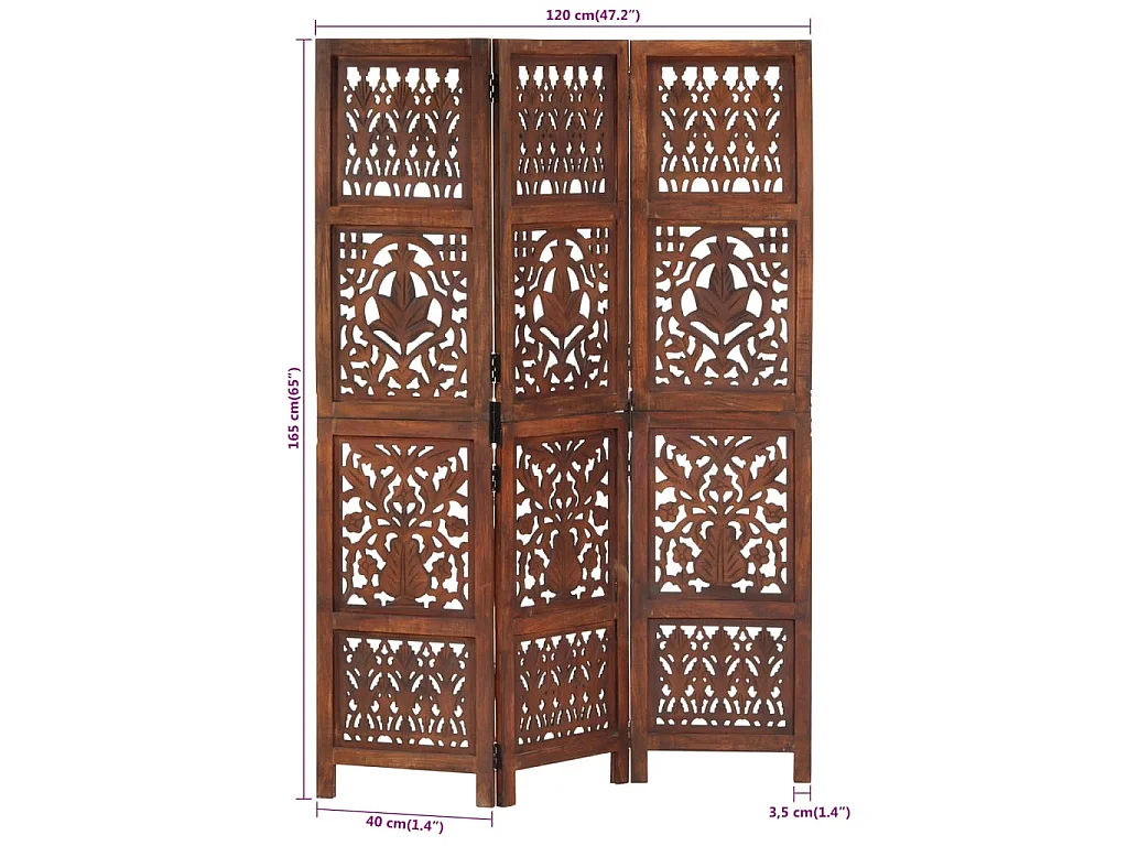 Paravent 3 panneaux Marron 120x165cm Bois manguier