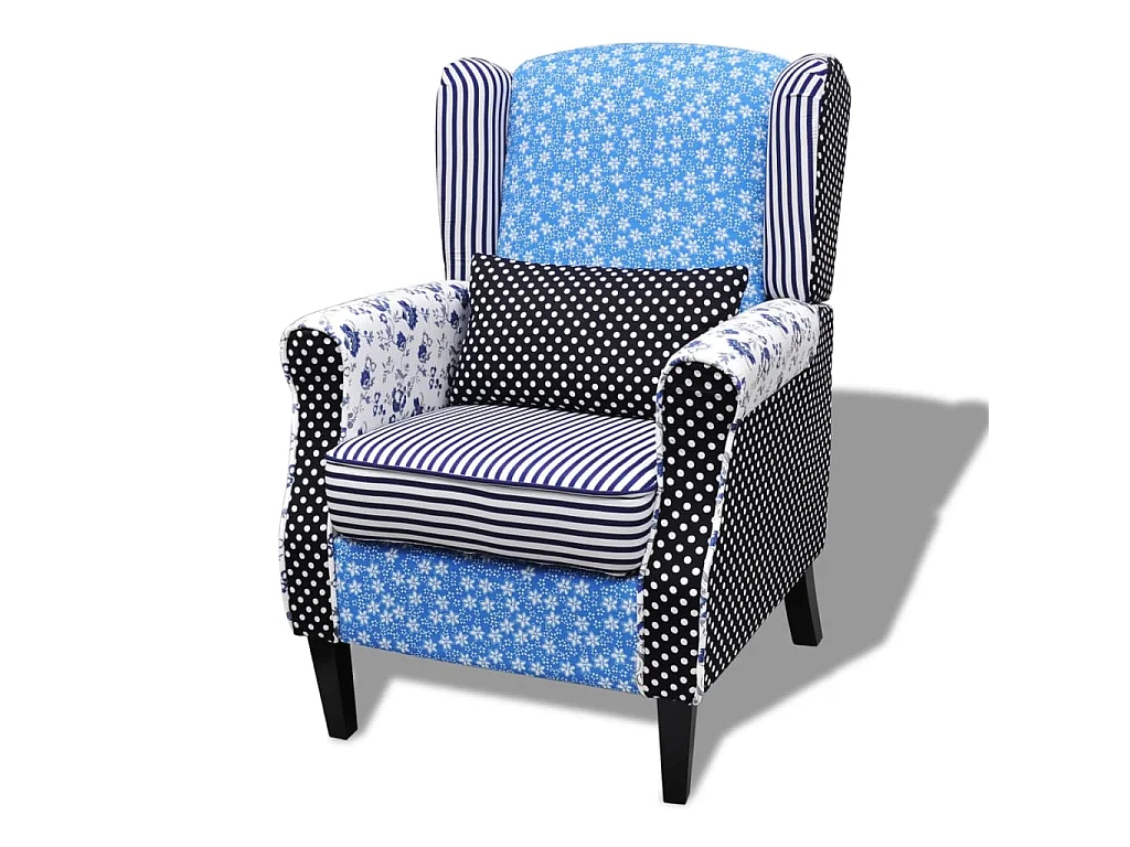 Fauteuil met patchwork stof blauw/grijs
