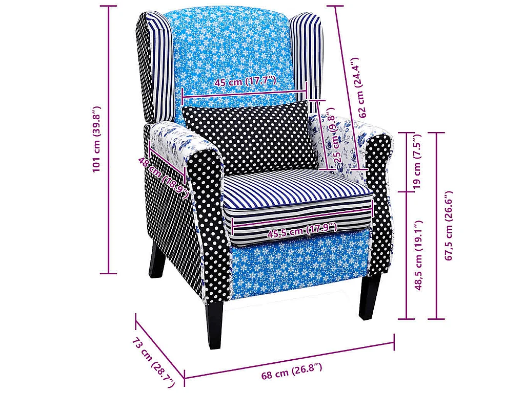 Fauteuil met patchwork stof blauw/grijs
