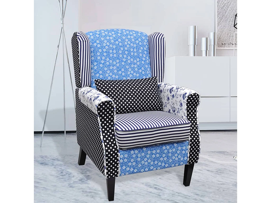 Fauteuil met patchwork stof blauw/grijs