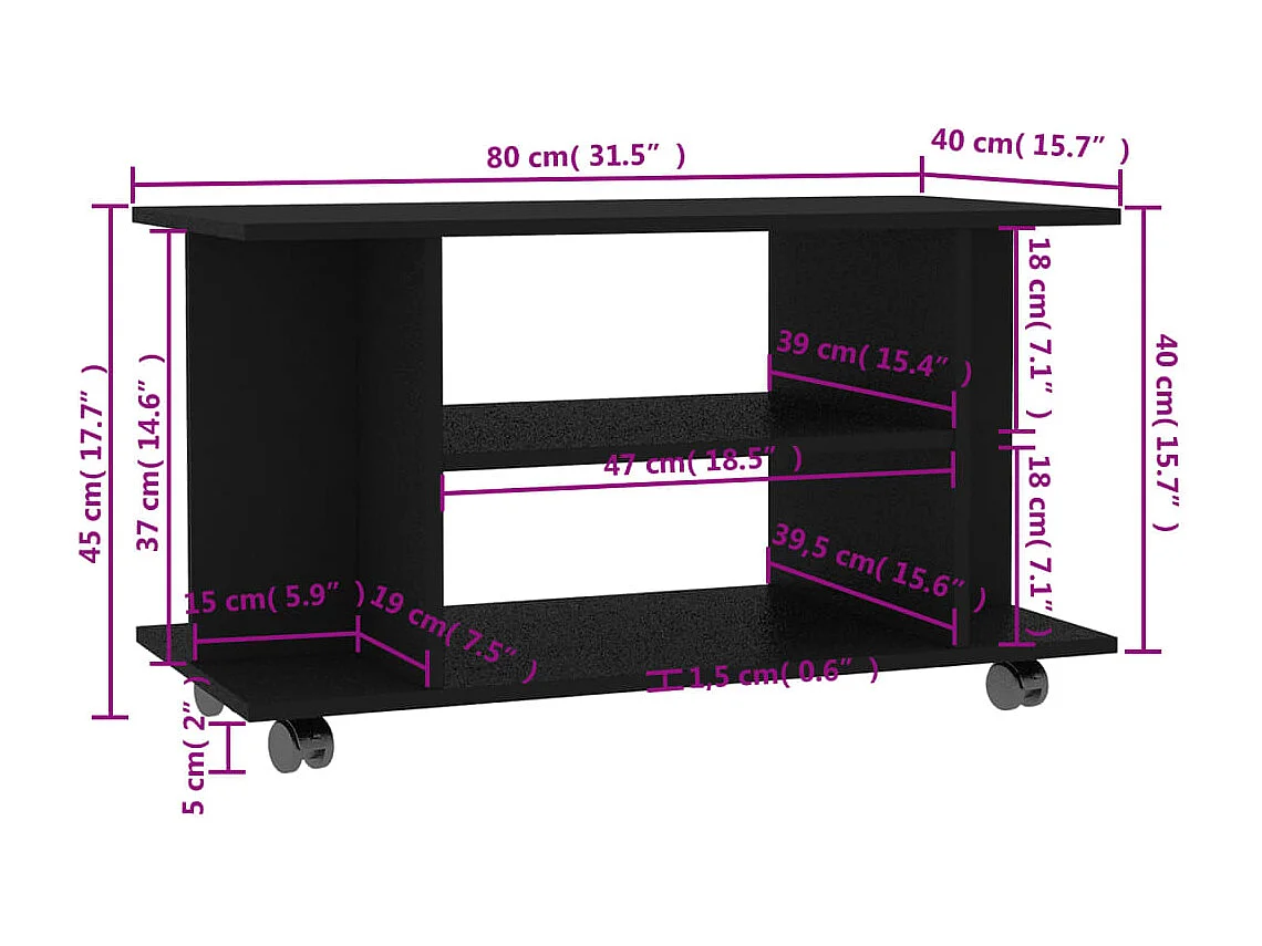Tv-meubel met wieltjes 80x40x45 cm bewerkt hout zwart