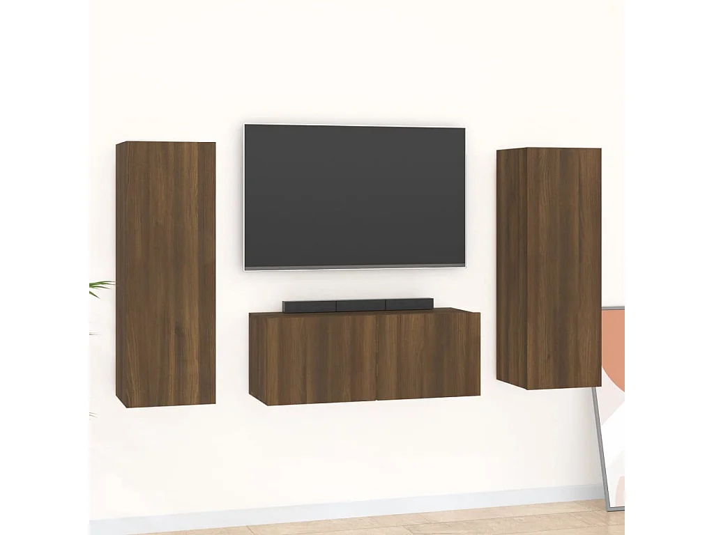 Conjunto móveis de TV 3pcs madeira processada carvalho castanho