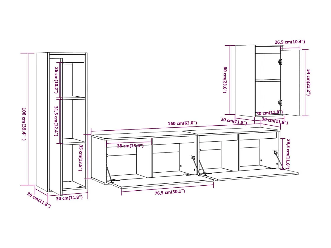 Móveis de TV 4 pcs madeira de pinho maciça